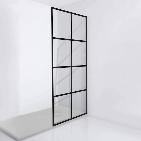 Fab Glass And Mirror Madeira French Style Grid Pattern Glass Shower Door, Matte Black, 34inin x 72in GSD-34-72ORB - main