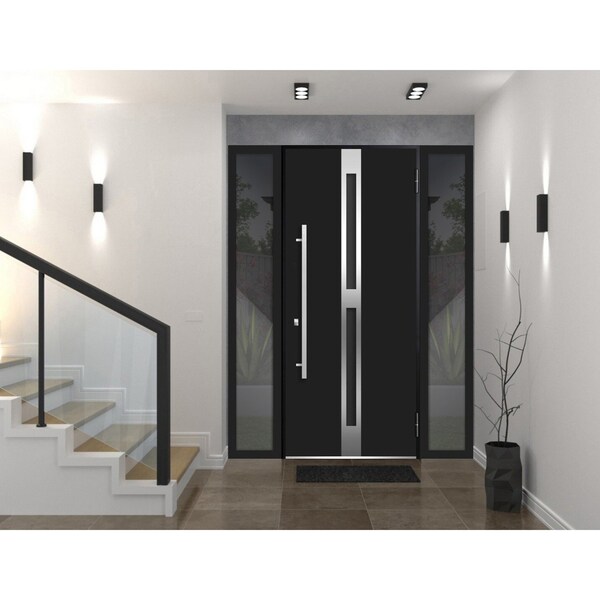 Vdomdoors Steel Door Deux 1755 Black Enamel 2 Sidelight Exterior Windows Stainless Inserts Single Modern Pain DEUX1755EXD-BLK-W14+36+14 x H80-Left-hand Inswing - main