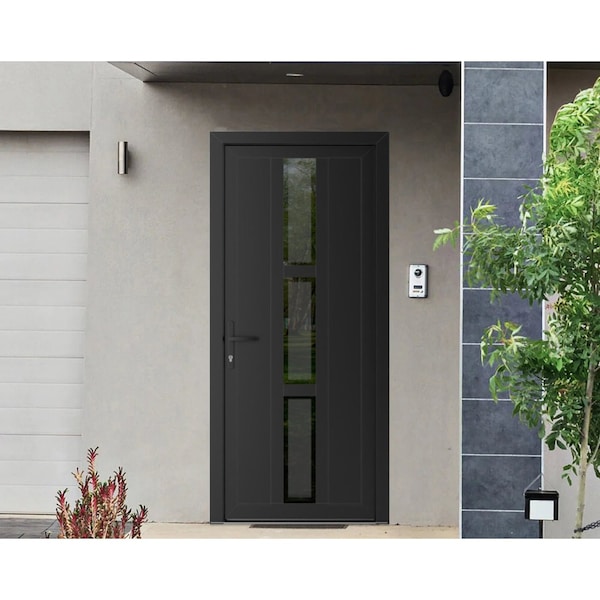 Vdomdoors Front Exterior Prehung Metal-Plastic Door, Manux 8112 Matte Black, Office Commercial and Residentia MANUX8112EXD-BLK-W36xH80-RH - main