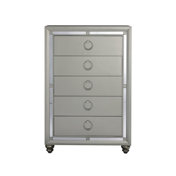 Homeroots 33" Silver Solid Wood Mirrored Five Drawer 383980 - main