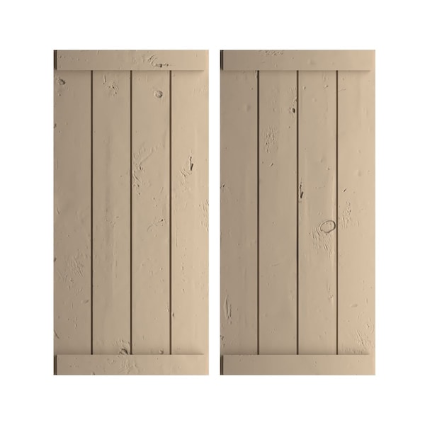 Ekena Millwork Rustic Four Board Joined Board-n-Batten Knotty Pine Faux Wood Shutters w/End Batten, 22W x 42H, PR SHUBJE22X42KPPR - main