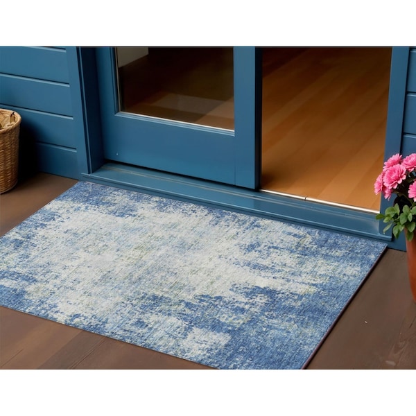 Homeroots 3' X 5' Denim Blue And Ivory Abstract Washable Indoor Outdoor Area Rug 612316 - main