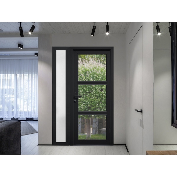 Vdomdoors Front Exterior Prehung FiberGlass Door Clear Glass See-through / Manux 8555 Matte Black Clear Glass MANUX8555EXD-BLK-W36+16 x H80-RH - main