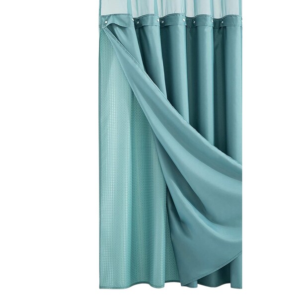 Homeroots Teal Sheer and Grid Shower Curtain and Liner Set 399754 - main