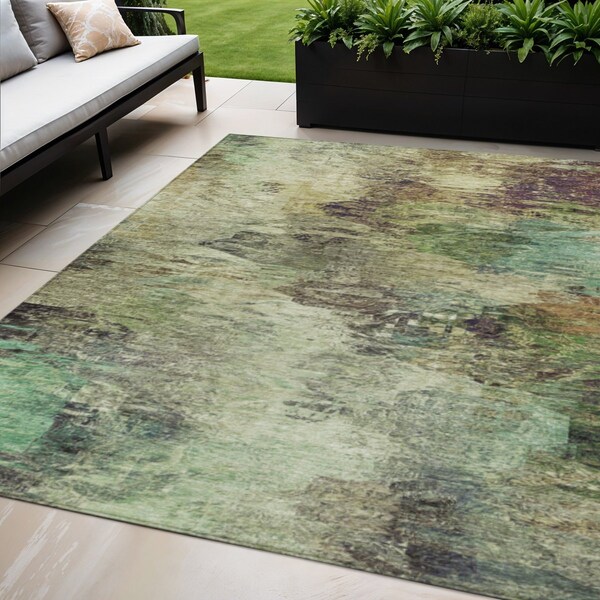 Homeroots 5' X 8' Beige Green And Artichoke Green Abstract Washable Indoor Outdoor Area Rug 577614 - main