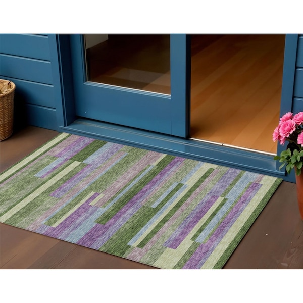 Homeroots 3' X 5' Moss Green Olive Green And Purple Striped Washable Indoor Outdoor Area Rug 613266 - main