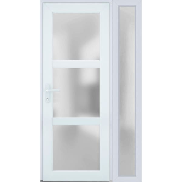 Vdomdoors Front Exterior Prehung FiberGlass Door Frosted Glass / Manux 8552 White Silk / Sidelight and Transo MANUX8552EXD-WS-W30+12 x H80+14-LH - main