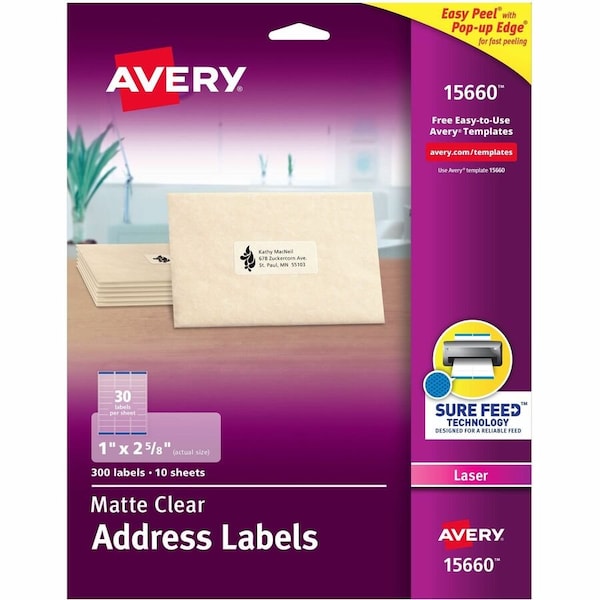 Avery Easy Peel Laser Mailing Labels, 1 x 2-5/8, Clear, 300/Pack 15660 - main