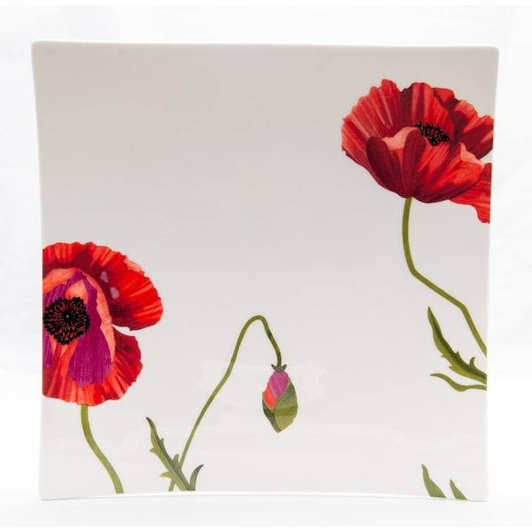 Homeroots Red and White Six Piece Square Floral Bone China Service For Six Dinner Plate Set 483515 - main