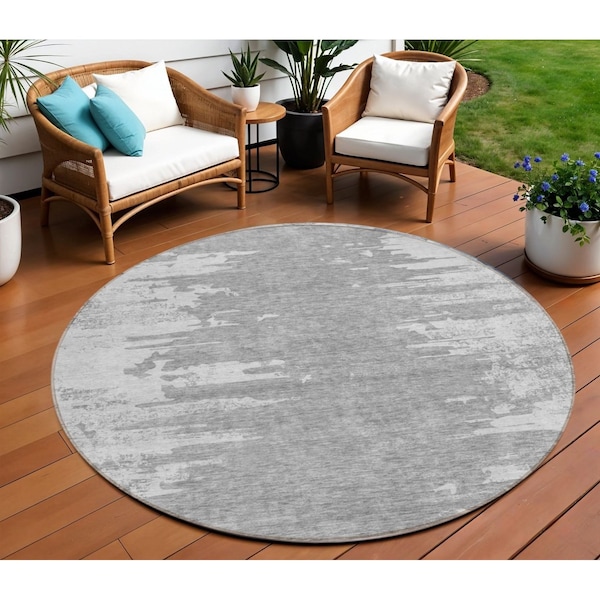 Homeroots 8' Silver Gray And Ivory Round Abstract Washable Indoor Outdoor Area Rug 582442 - main