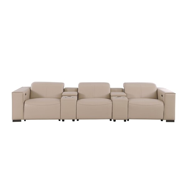 Homeroots 136" Beige Top Grain Leather Reclining USB Sofa And Storage 720312 - main
