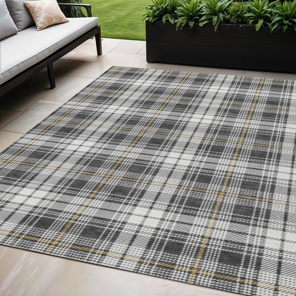 Homeroots 5' X 8' Charcoal Ivory And Gold Plaid Washable Indoor Outdoor Area Rug 597100 - main