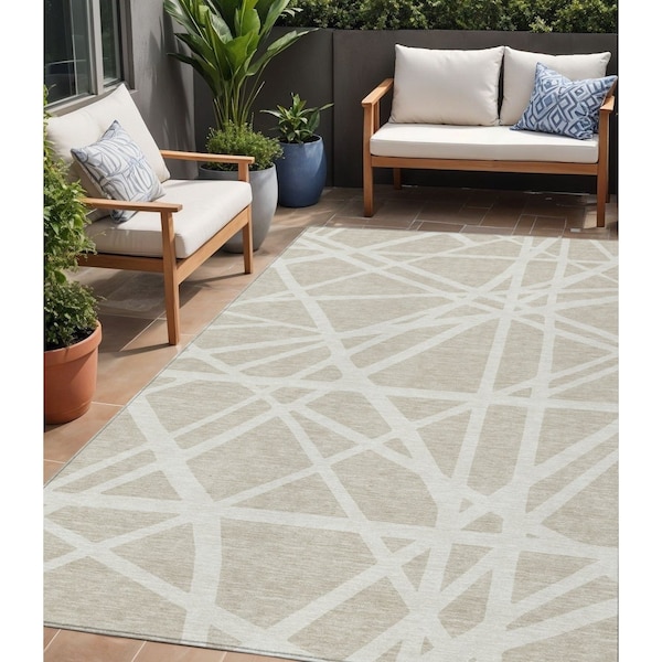 Homeroots 5' X 8' Beige And Ivory Geometric Washable Indoor Outdoor Area Rug 600415 - main
