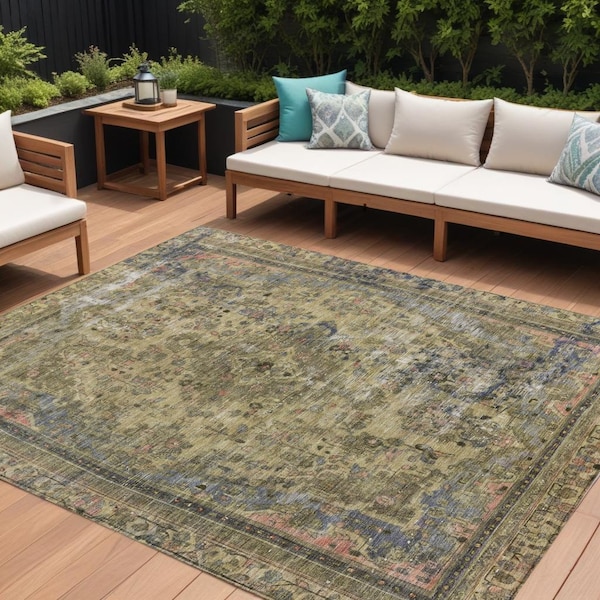Homeroots 8' X 10' Artichoke Green And Denim Blue Medallion Washable Indoor Outdoor Area Rug 616043 - main