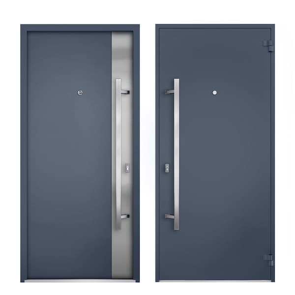 Vdomdoors Steel Door Deux 0729 Gray Graphite Transom Window Stainless Inserts Single Modern Painted-W36xH80+1 DEUX0729EXD-GRE-W36 x H80+16-Right-hand Inswing - main