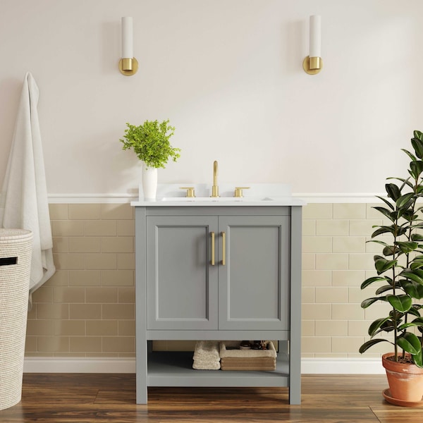 Flash Furniture Vega 30in. Vanity w/Sink, Storage Cabinet, Marble Counter & Gold Hardware, Gry/Wht FS-VEGA30-GY-HDGLD-GG - main