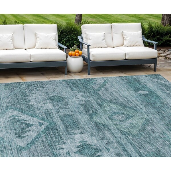 Homeroots 8' X 10' Teal Blue And Aqua Southwestern Washable Indoor Outdoor Area Rug 588735 - main