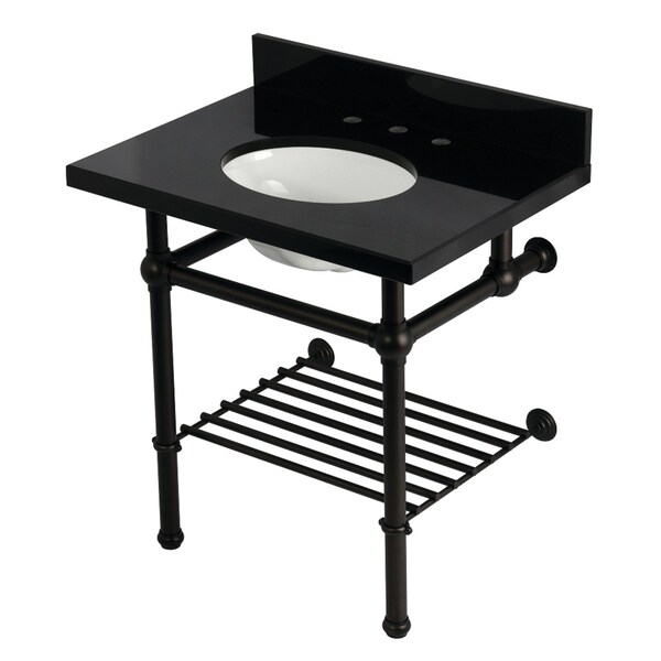 Kingston Brass 30-Inch Black Granite Console Sink with Brass Legs and Shelf, 8-Inch, 3-Hole KVPK3030KBB5 - main