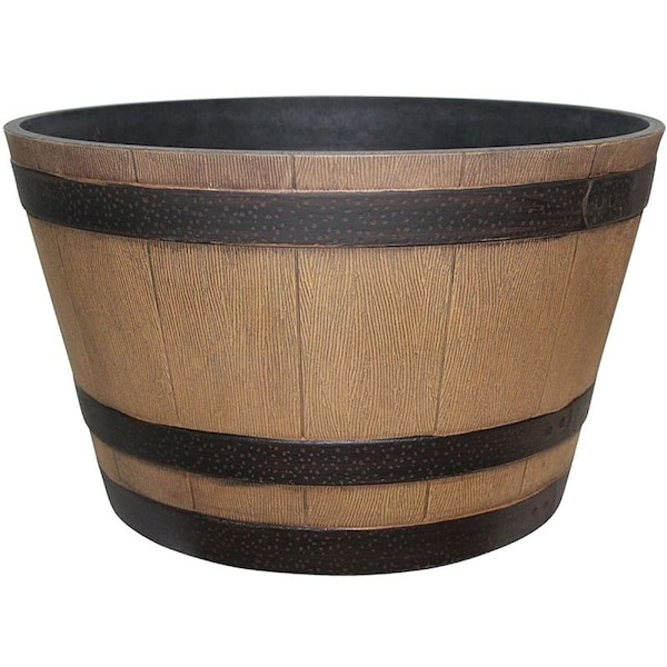 Southern Patio Planter, 13.04 in H, 22.24 in W, 22.24 in D, Round, Whiskey Barrel Design, Resin, Natural Oak HDR-055471 - main