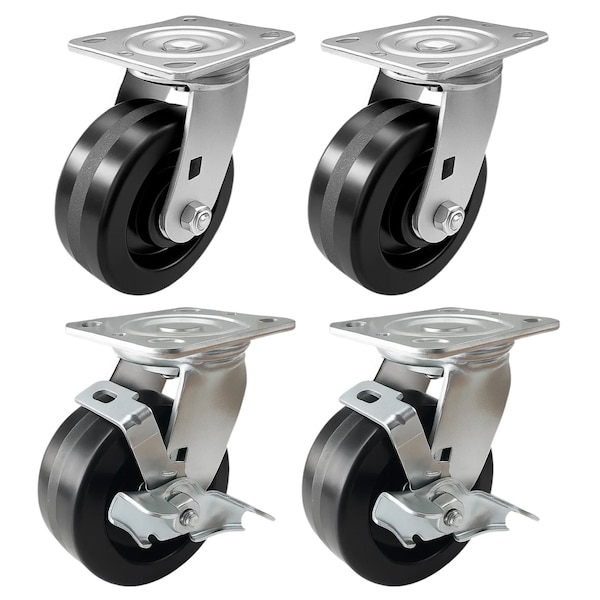 Hyw Products Heavy Duty Caster Set 5in Phenolic Wheels, 2 Swivel & 2 Swivel with Brake, 4PK 40-50S-A1-PH-2,40-50S-A1-PH-TB-2 - main