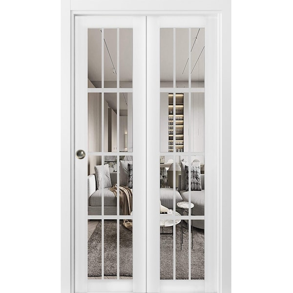 Sartodoors Sliding Closet Bi-fold Doors, Felicia 3355 White Silk with Clear Glass, Sturdy Tracks Moldings Tri FELICIA3355BF-WS-48 x 84 (2* 24x84) - main
