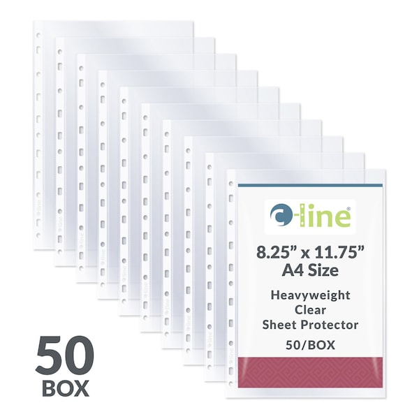 C-Line Products 8-1/4" x 11-3/4" A4 Size Clear Heavyweight Poly Sheet Protectors, 50/BX 08013 - main