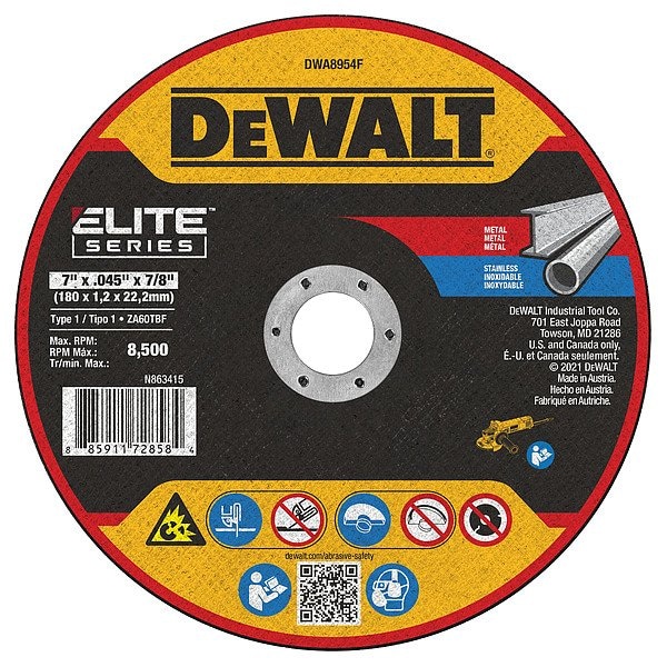 Dewalt Abrasive Cut-Off Wheel, Type 1, 7 in Dia, 0.045 in Thick, 7/8 in Arbor Hole Size, Zirconia Alumina DWA8954F - main