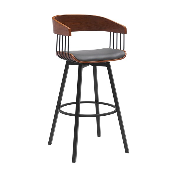 Armen Living Athena 31in Swivel Walnut Wood Bar Stool in Gray Faux Leather with Black Metal LCATBAWAGRY30 - main