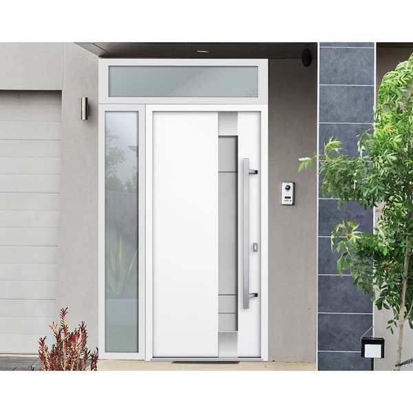 Vdomdoors Steel Door Deux 1713 White Enamel Sidelight and Transom Black Window Stainless Inserts Single Moder DEUX1713EXD-BEM-W36+14 x H80+16-Left-hand Inswing - main
