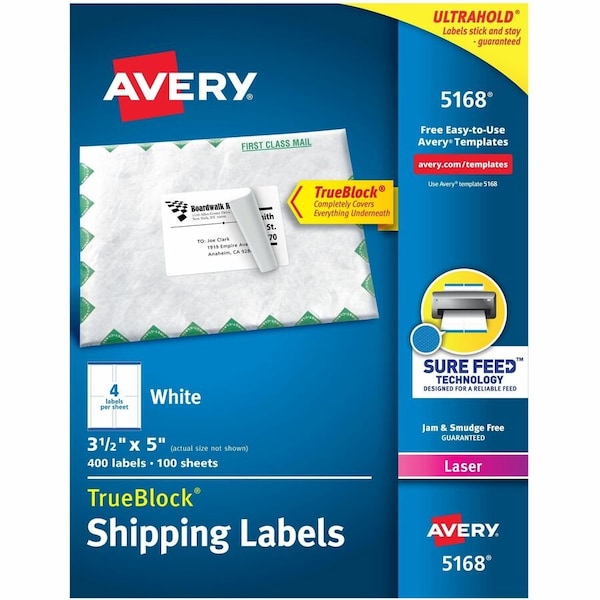 Avery Shipping Labels with TrueBlock Technology, 3-1/2 x 5, White, 400/Box 5168 - main