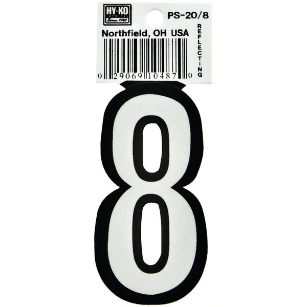 Hy-Ko Reflective Sign, Character: 8, 3-1/4 in H Character, Black/White Character, Vinyl PS-20/8 - main