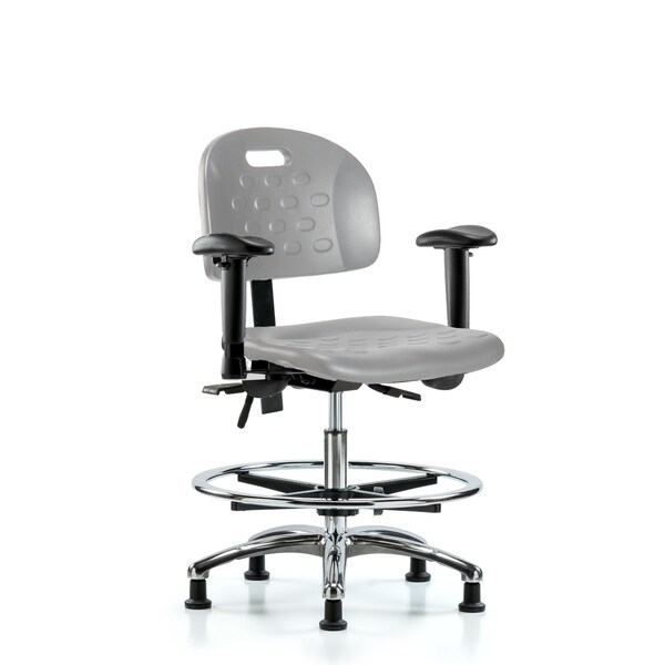 Blue Ridge Ergonomics Poly Chair Chrome-Medium Bench Ht with Adj Arms, Chrome Foot Ring, &Stationary Glides in Gray Poly HPMBCH-CR-T0-A1-CF-RG-GRY - main