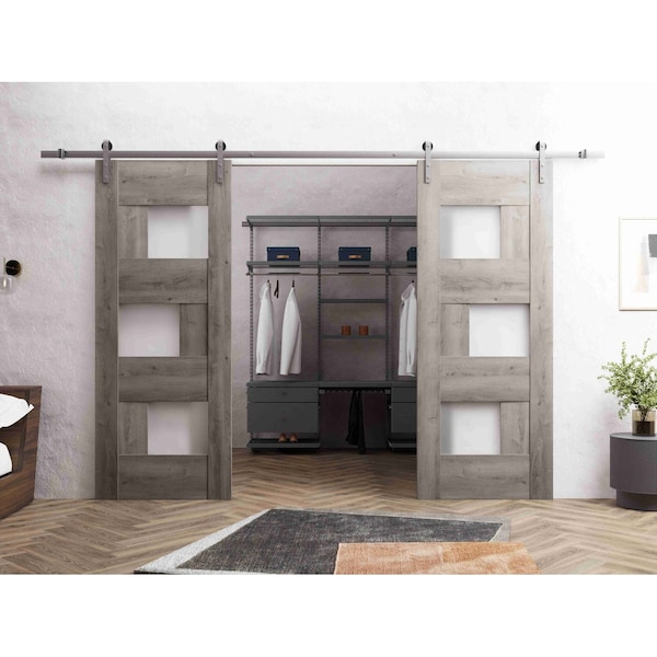 Vdomdoors Sturdy Dbl Barn Door 48 x 96in, Nebraska Grey W/ Frosted Glass, SS 13FT Rail Hangers Heavy Set SETE6933DB-S-NEB-4896 - main