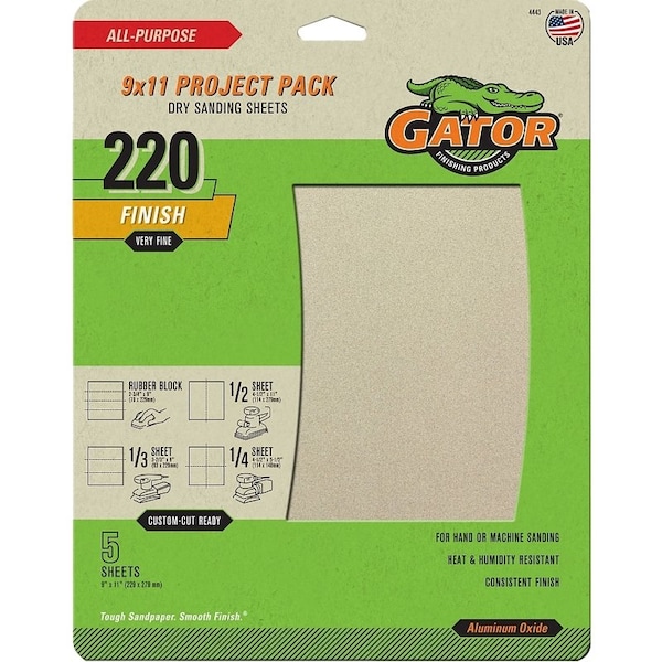 Gator Sanding Sheet, 11 in L, 9 in W, 220 Grit, Extra Fine, Aluminum Oxide Abrasive 4443 - main