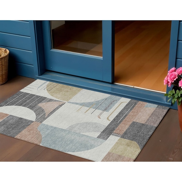 Homeroots 3' X 5' Rust Gray And Ivory Geometric Washable Indoor Outdoor Area Rug 617992 - main