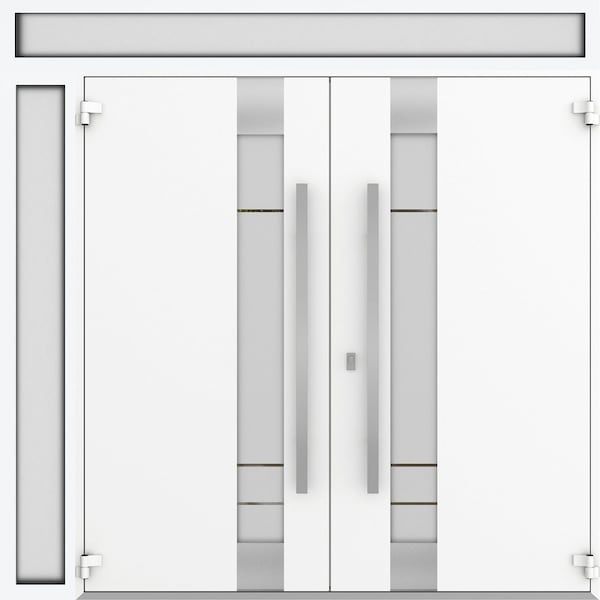 Vdomdoors Metal Double Doors Deux 1713 Natural Oak Frosted Glass 1 Sidelight and Top Transom Entry Modern Pai DEUX1713DEXD-OAK-W72+12xH80+14-LH-O - main