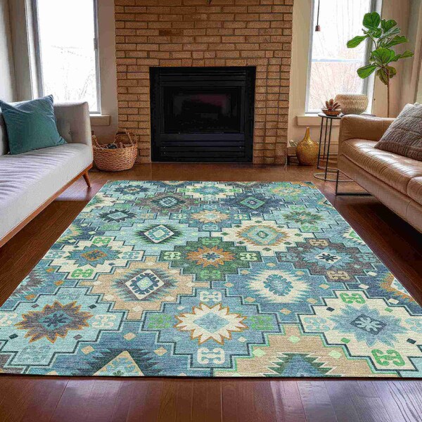 Homeroots 10' X 14' Teal Blue Beige And Ivory Southwestern Washable Indoor Outdoor Area Rug 632286 - main