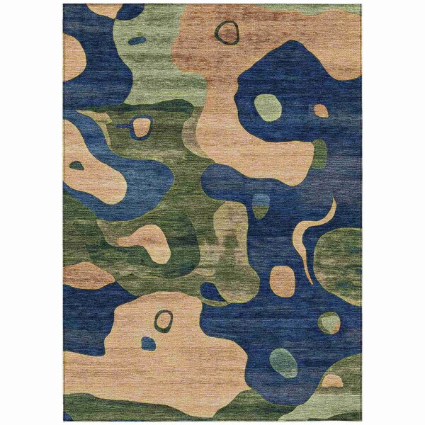 Homeroots 3' X 5' Navy Blue Gold And Olive Green Abstract Washable Indoor Outdoor Area Rug 630603 - main