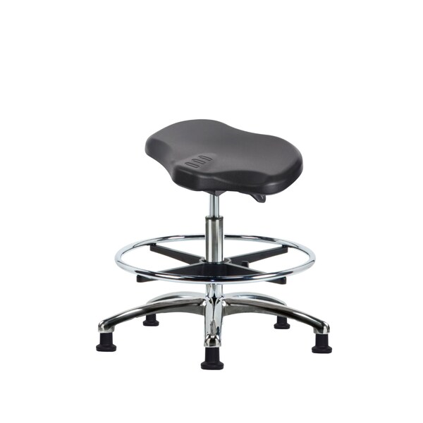 Blue Ridge Ergonomics Poly Ray Sit-Stand Stool Chrome-Medium Bench Ht with Chrome Foot Ring&Stat Glides in Black Poly PRPMBSO-CR-CF-RG-BLK - main