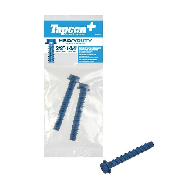 Tapcon+ Heavy-Duty Concrete Screw Anchor, 3/8 in Dia, 1-3/4 in L, Carbon Steel, Blue Climaseal-Coated, 2PK 50440 - main