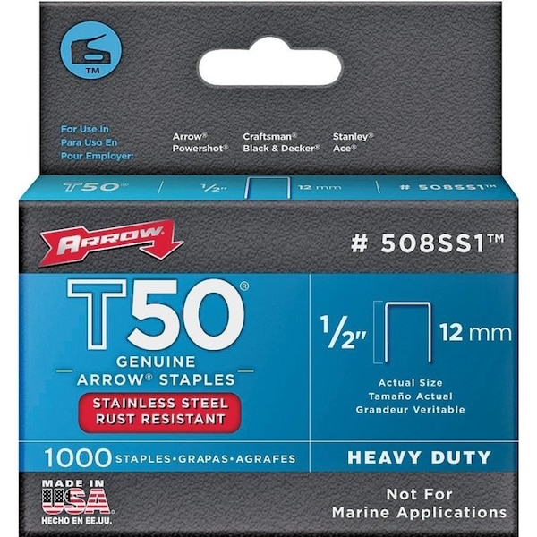 Arrow Fastener Staple Ss T50 1000Pk 1/2In 508SS1 - main