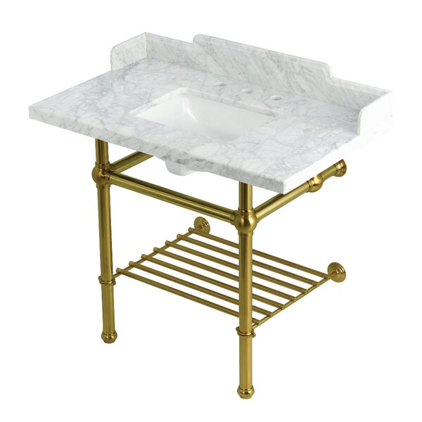 Kingston Brass 36-Inch Carrara Marble Console Sink with Brass Legs and Shelf, 8-Inch, 3-Hole LMS3630MBSQB7 - main