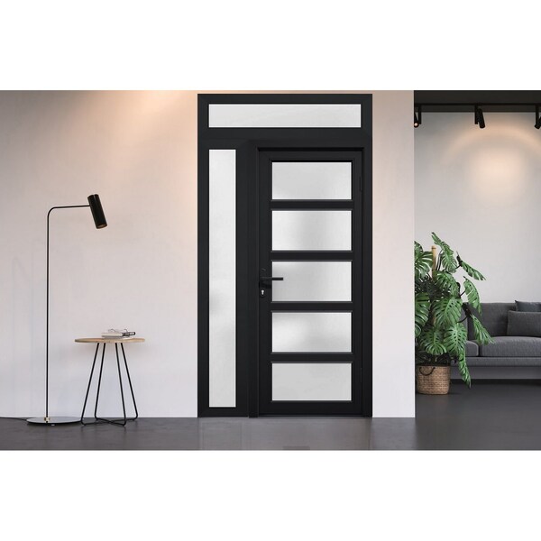 Vdomdoors Front Exterior Prehung FiberGlass Door Frosted Glass / Manux 8002 Matte Black / Sidelight and Trans MANUX8002EXD-BLK-W30+12 x H80+14-LH - main