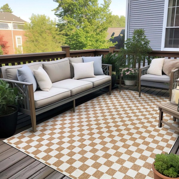 World Rug Gallery Contemporary Checkered Weather Resistant Reversible Indoor/Outdoor Rug 5 ft x 7 ft Natural WR114NATURAL5X7 - main