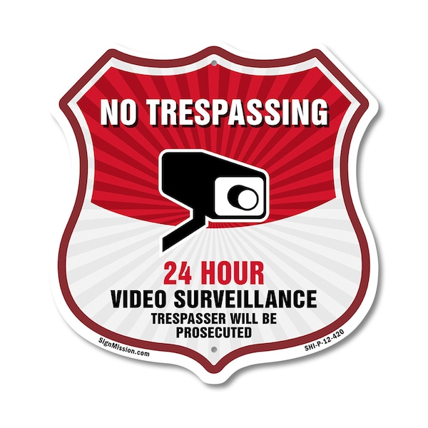 Signmission No Trespassing Shield Sign 24 Hour Video, 12 Inch X 12 Inch, Plastic Sign SHI-P-12-420 - main
