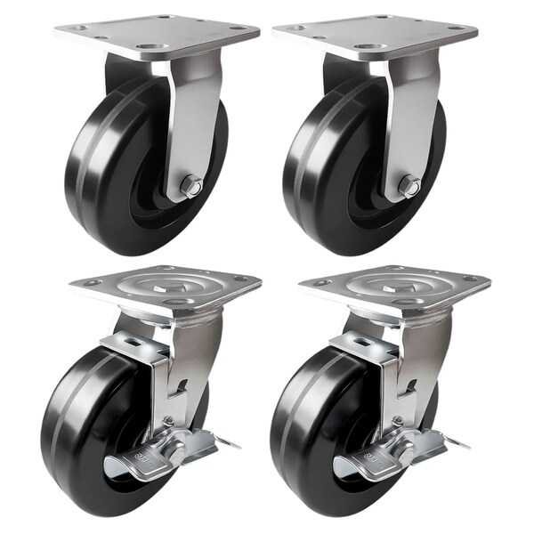 Hyw Products Heavy Duty Caster Set 6in Phenolic Wheels, 2 Rigid & 2 Swivel with Brake, 4PK 40-60R-A1-PH-2,40-60S-A1-PH-TB-2 - main