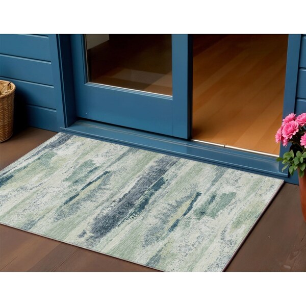 Homeroots 3' X 5' Mint Green Ivory And Denim Blue Abstract Washable Indoor Outdoor Area Rug 612533 - main