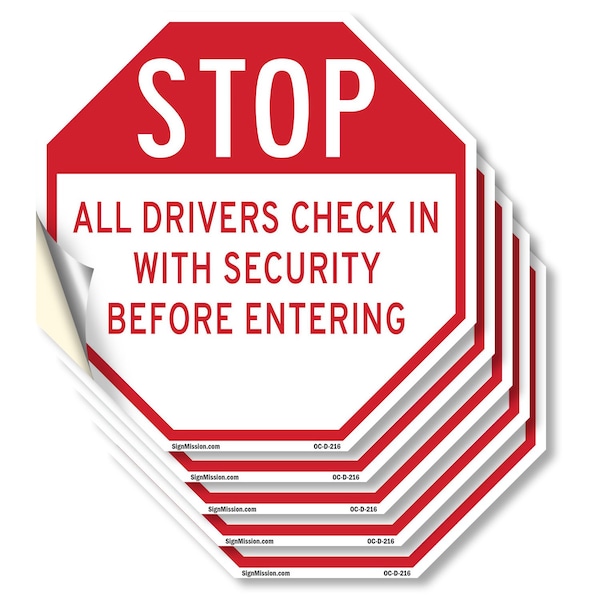 Signmission Stop All Drivers Check in With Secu, 6 inch X 6 inch, Vinyl Decal, 5PK OC-D-5PACK-6-216 - main