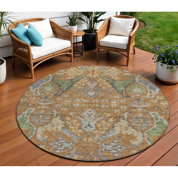 Homeroots 8' Copper Green And Beige Round Floral Washable Indoor Outdoor Area Rug 605279 - main