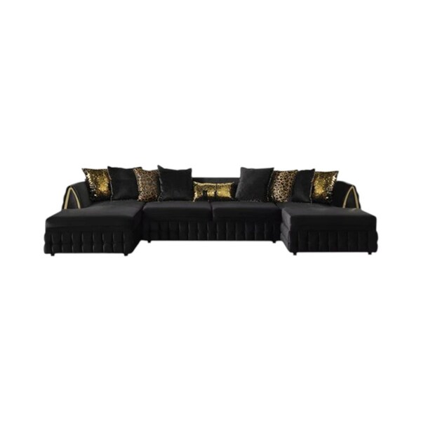 Homeroots Black Velvet U Shaped Sofa and Chaise Sectional With Toss Pillows 643882 - main